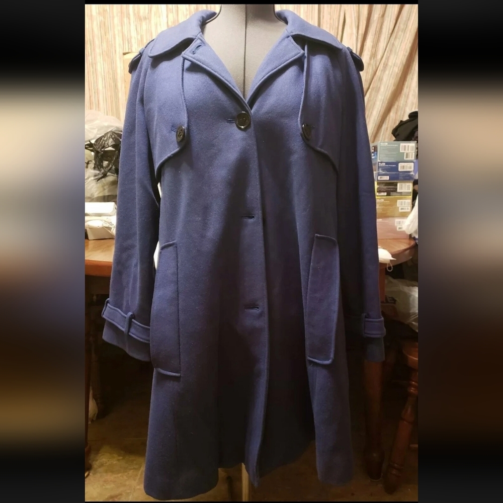 EUC CALVIN KLEIN COAT 14 PLUS BLUE WOOL BLEND TRENCH SWING BUTTON LINED MIDTHIGH